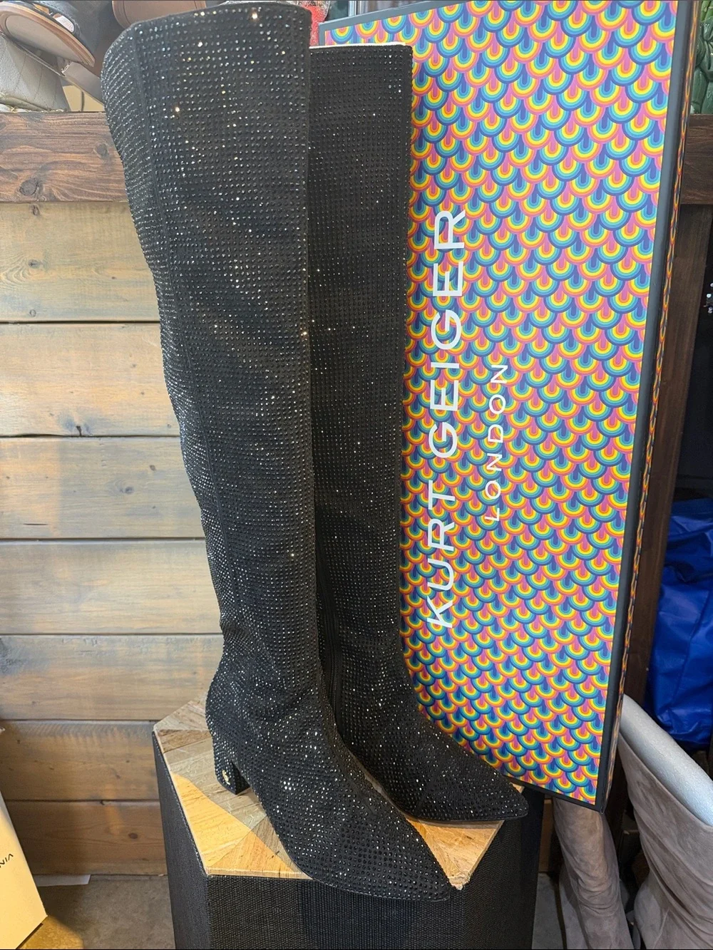 Kurt Geiger Black Sparkle Over-the-Knee Boots - Picture 1 of 1